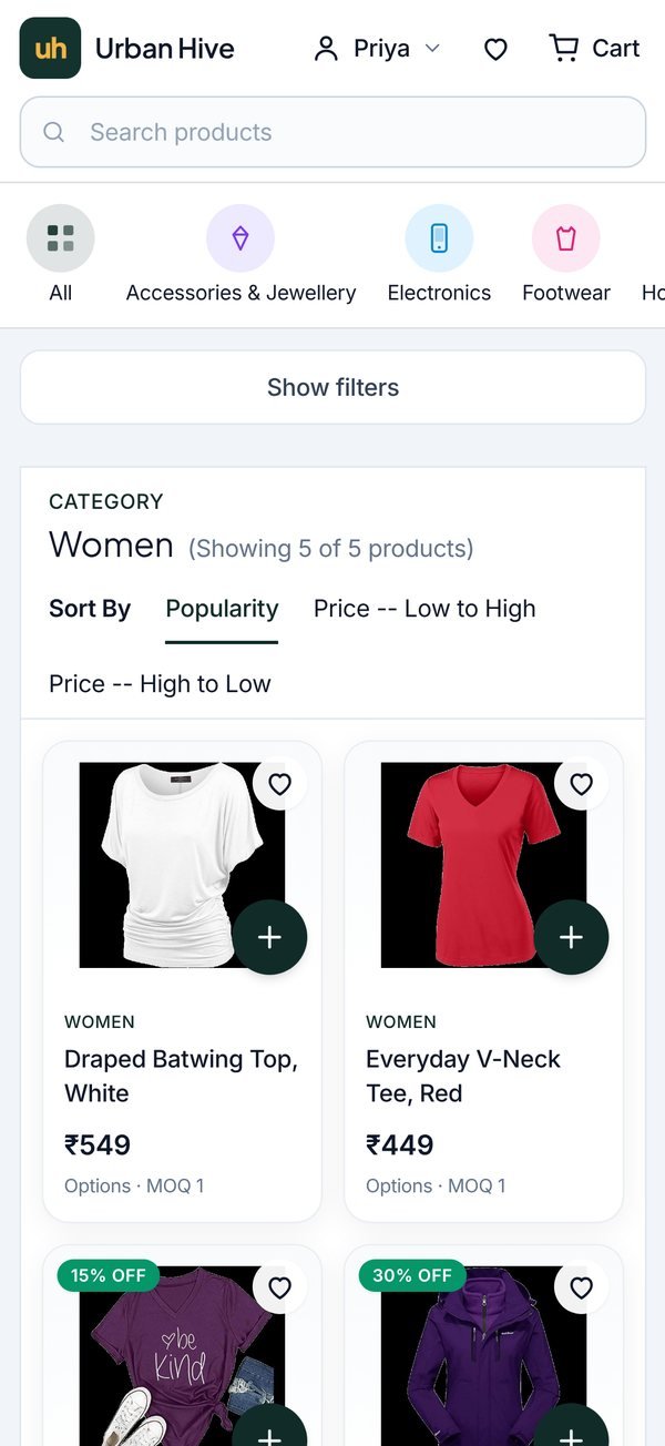 Urban Hive Women category on a phone sorted by popularity
