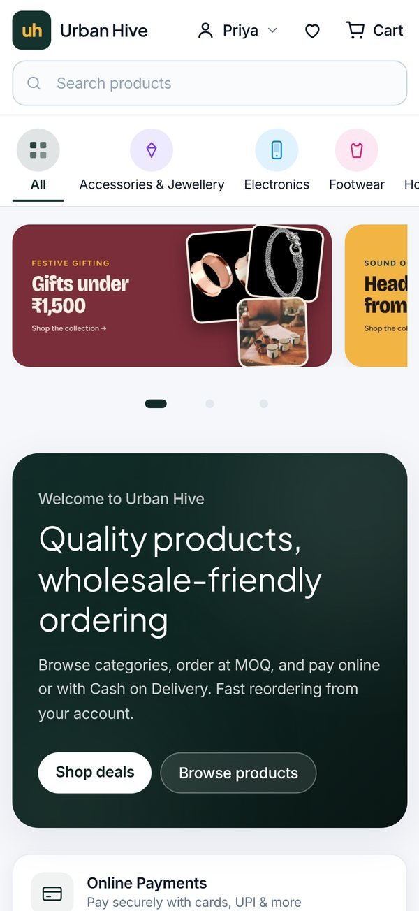 Beecart shopping app home screen with categories, offer banner and deals