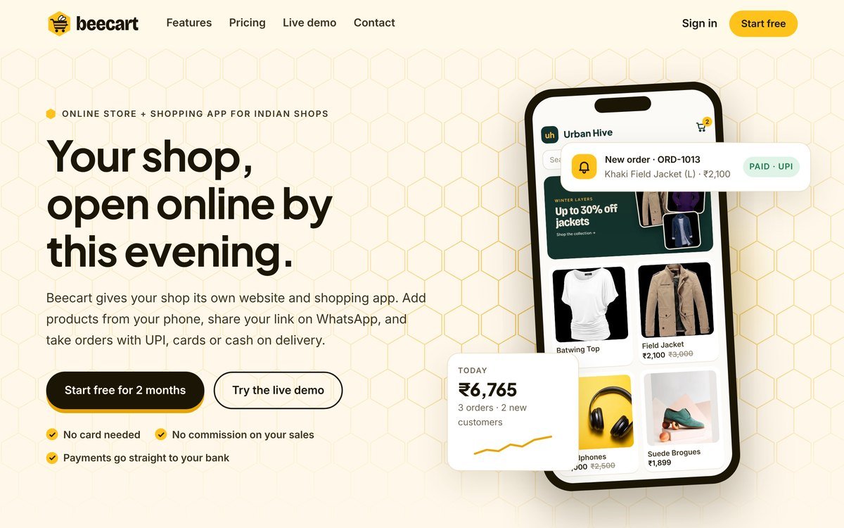 Beecart home page with an Urban Hive demo shop on a phone