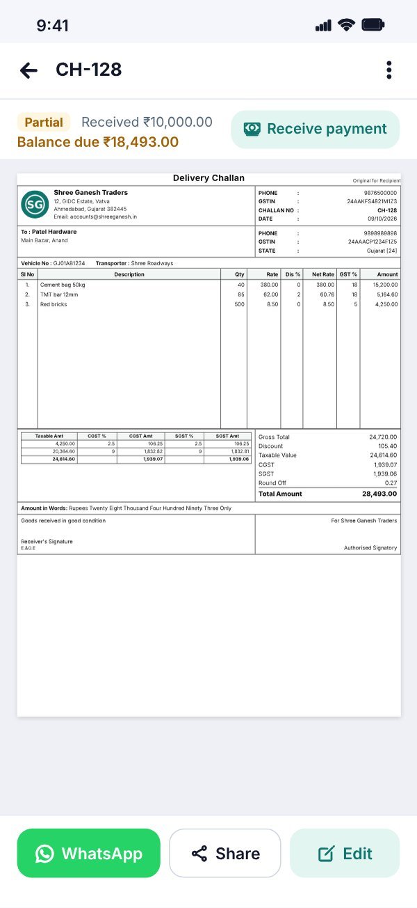 Challan PDF preview with WhatsApp and Share buttons