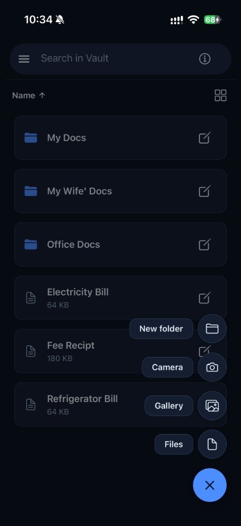 1Vault add menu with new folder, camera, gallery and files options