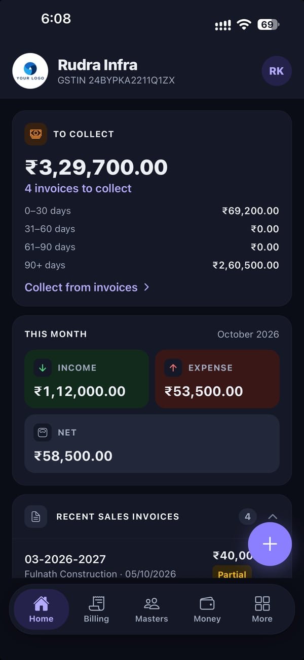 Rojmed mobile app home with amount to collect and this month’s income and expense